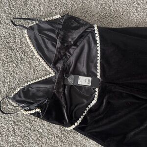 Fashion Nova Black Velvet Chemise with Pearl Detail